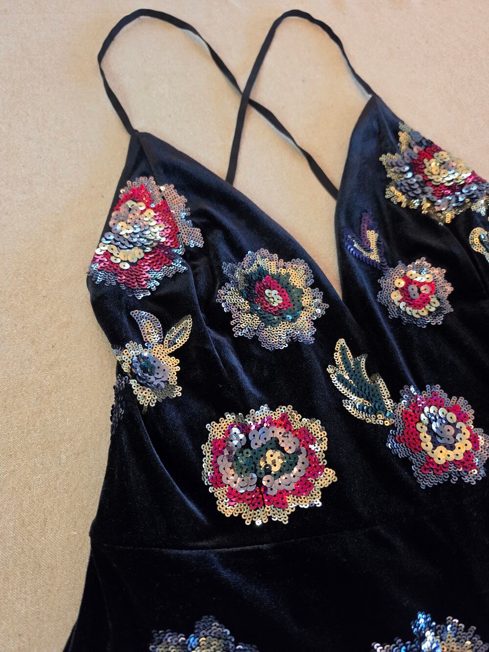 Express Black Velvet Mini Romper Colorful Floral Sequin Embroidery Sz Large NWT